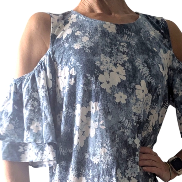 MICHAEL Michael Kors Blue Floral Cotton Cold Shoulder Short Sleeve Top Women's M - Picture 4 of 15
